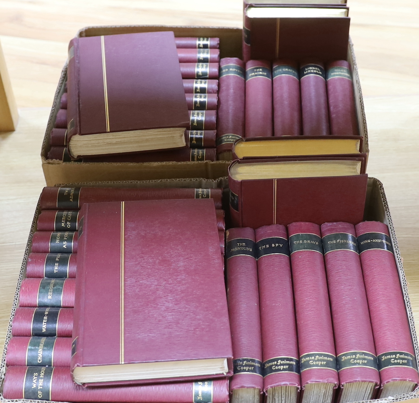 Cooper, James Fenimore – The Complete Works, 32 vols., one of 1000 sets, leather-stocking edition, original Burgundy cloth, Putnam, The Knickbocker Press, New York.